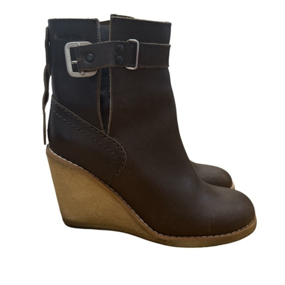 See By Chloe Wedge Brown Leather Buckle Boots